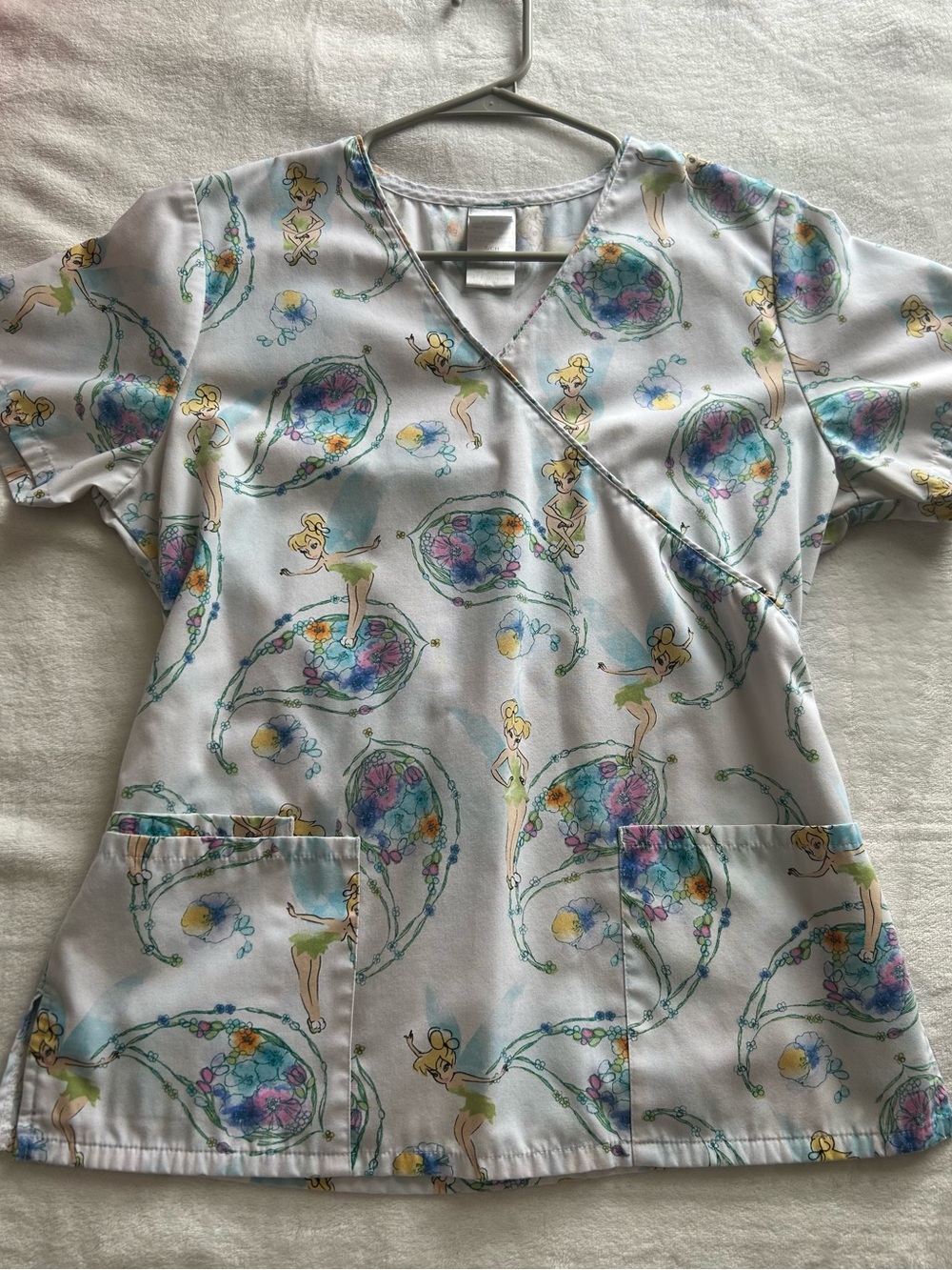 Disney Vintage Tinker Bell Scrub Top with Pockets and Tie in Back